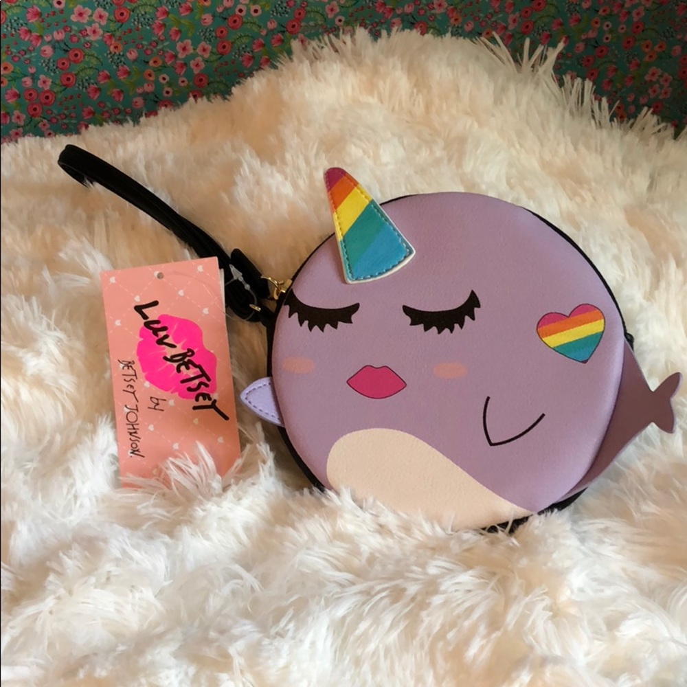 Betsey Johnson lilac whale unicorn wristlet. NWT